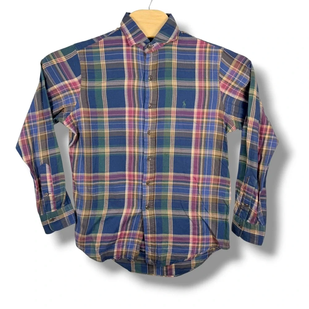 Polo Ralph Lauren Button Down Flannel Shirt Mens Small Blue Plaid Cotton Pony